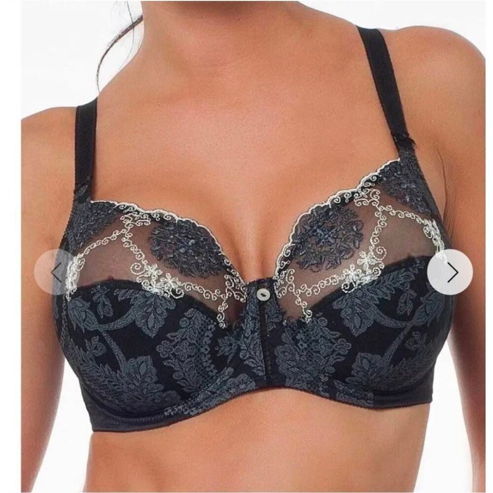 Empreinte Lilly Bra Size 32F Black Lace White Details Underwire Full Cup